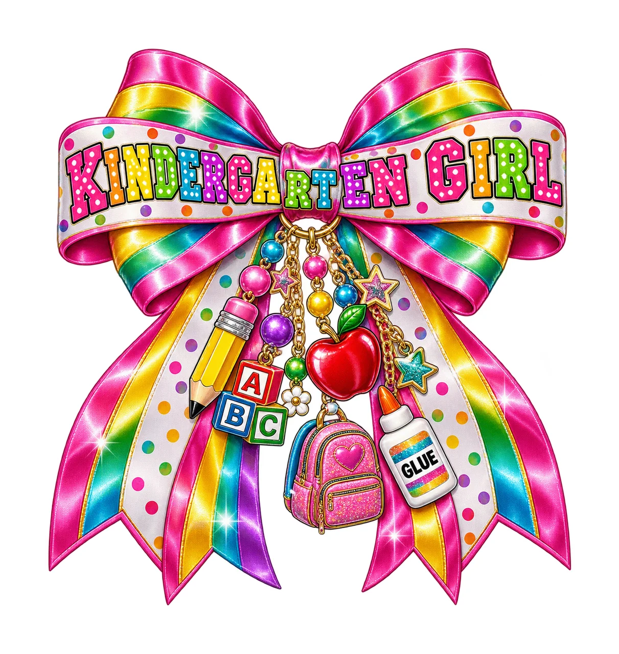 Kindergarten Girl Bow Charm PNG, Coquette Ribbon Sublimation, Transparent Digital Download