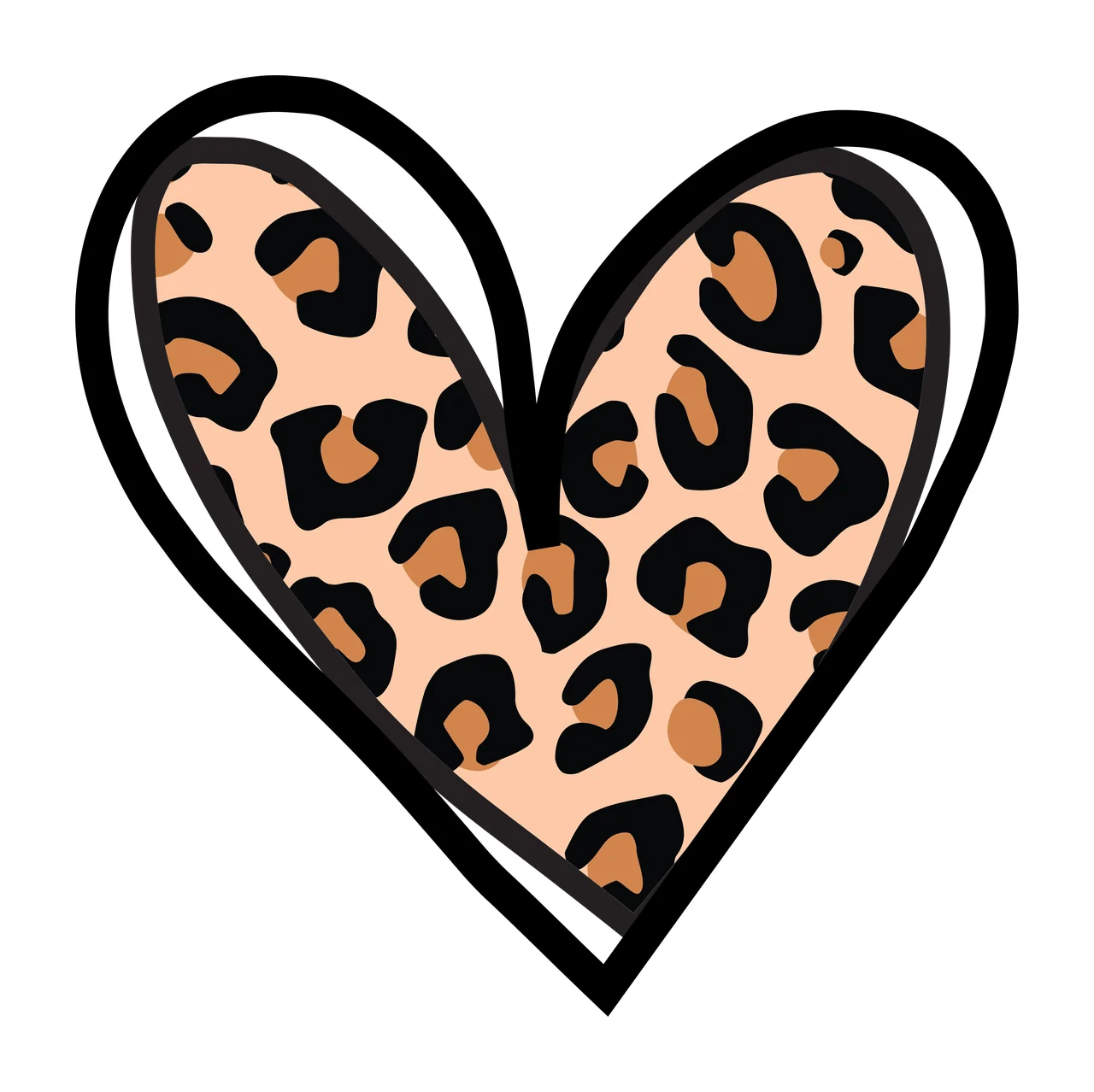 Flat Cartoon Illustration of Heart-shaped design with leopard print pattern with black outline and double black border in beige and brown