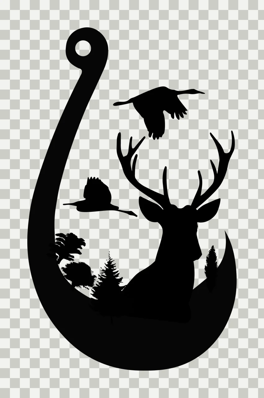 Deer And Birds Hook Silhouette ornamentation trees black white transparency and detail preview thumbnail
