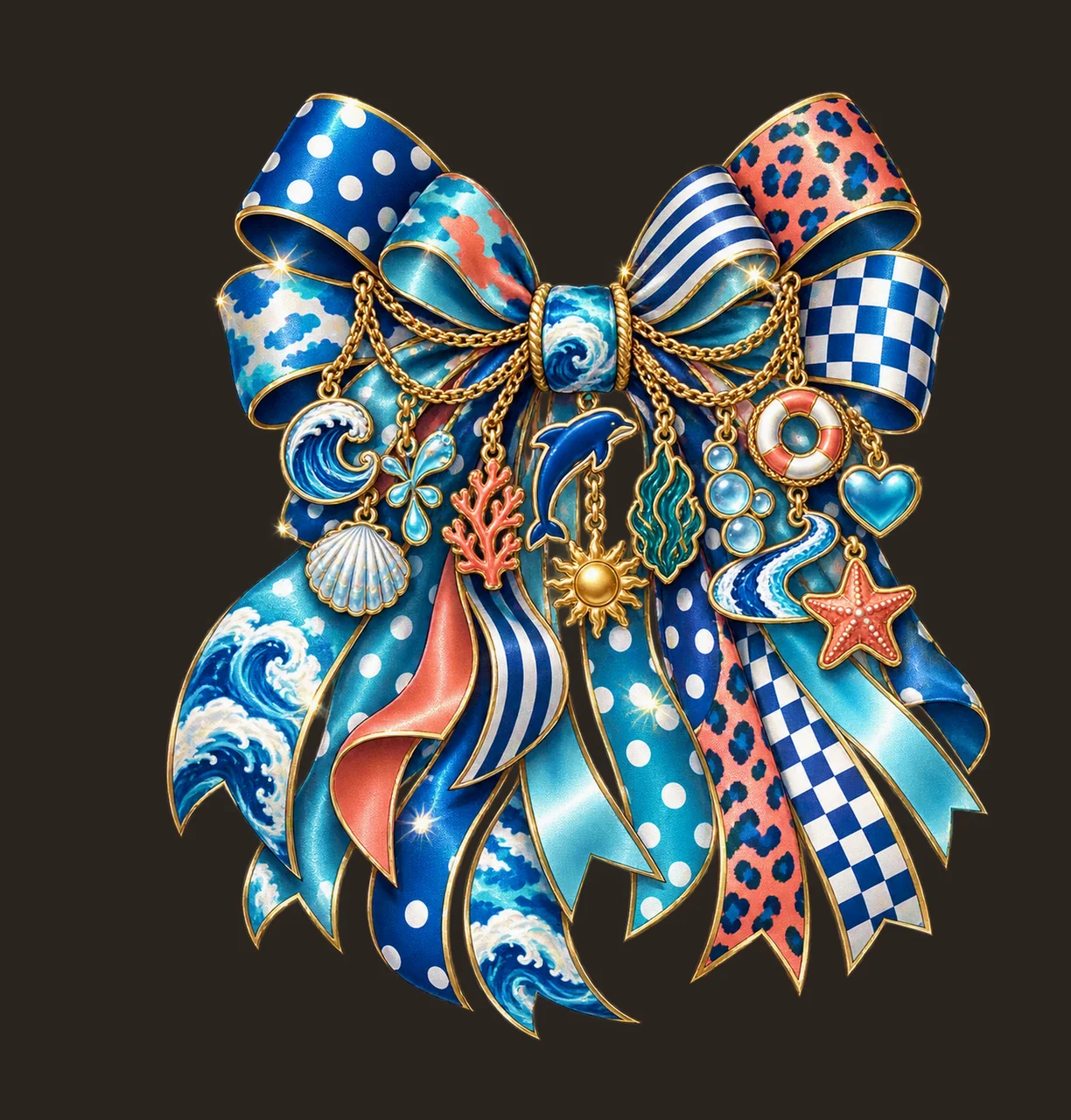 Dolphin Lover Bow Charm PNG, Themed Gold Chain Charms, Coquette Ribbon Sublimation Design, Transparent Digital Download contrast preview thumbnail