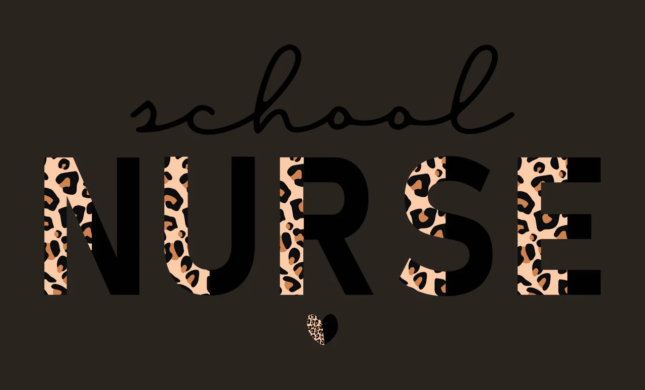 School NURSE Typography Design with script typography, block lettering, leopard print pattern and heart shape in black, tan and brown contrast preview thumbnail