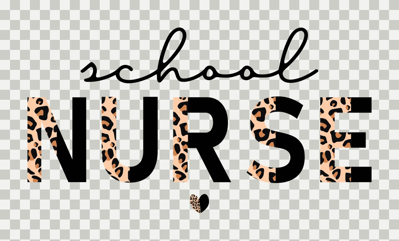 School NURSE Typography Design with script typography, block lettering, leopard print pattern and heart shape in black, tan and brown transparency and detail preview thumbnail