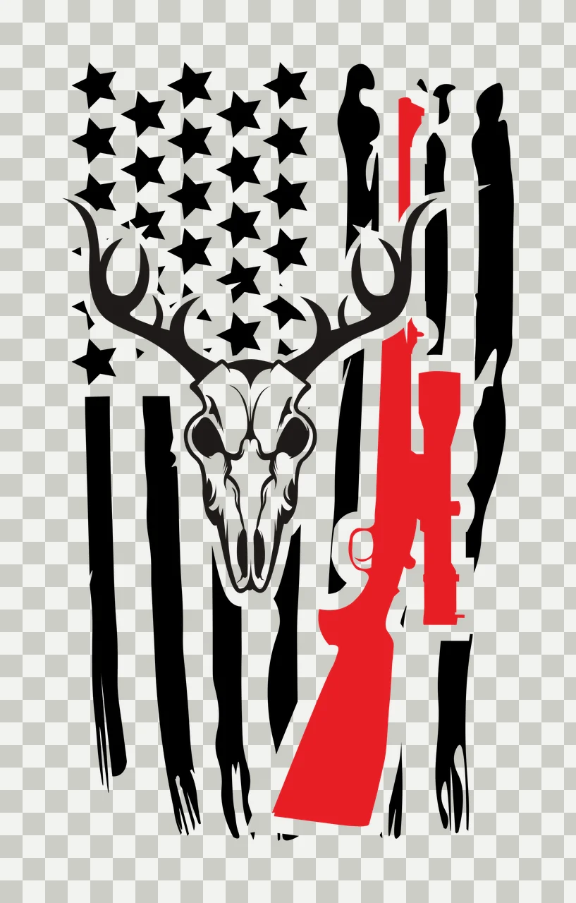 Skull Deer And Rifle On Flag stars stripes black white hunting transparency and detail preview thumbnail