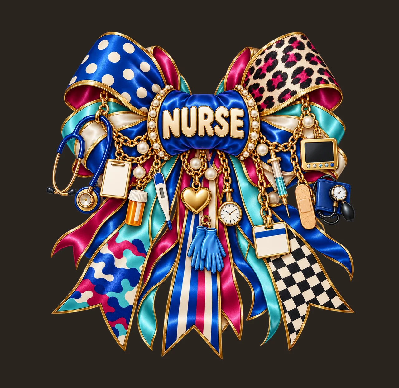 Registered Nurse Bow Charm PNG, Gold Chain Charms, Transparent Sublimation Design, Digital Download contrast preview thumbnail