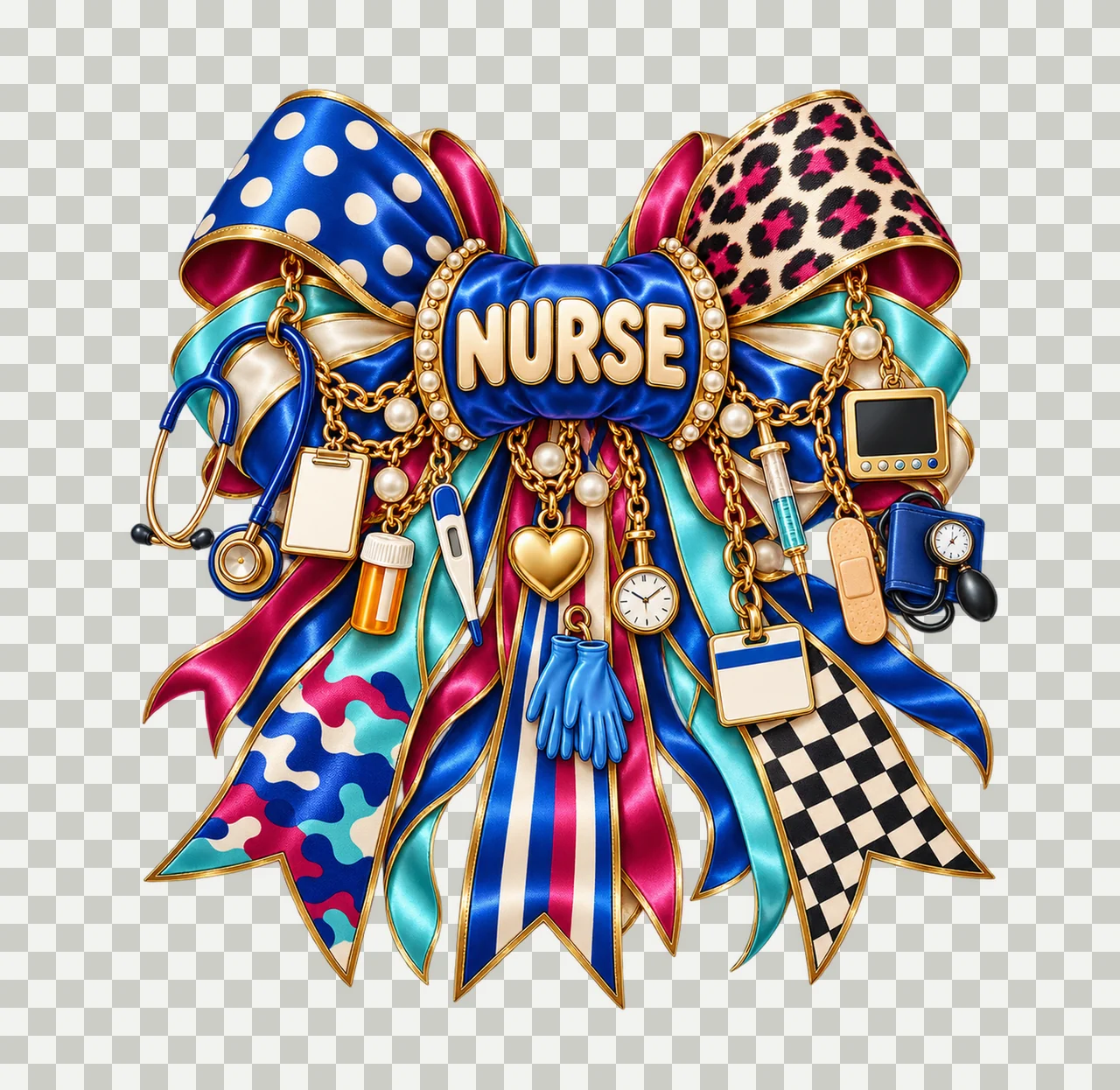 Registered Nurse Bow Charm PNG, Gold Chain Charms, Transparent Sublimation Design, Digital Download transparency and detail preview thumbnail