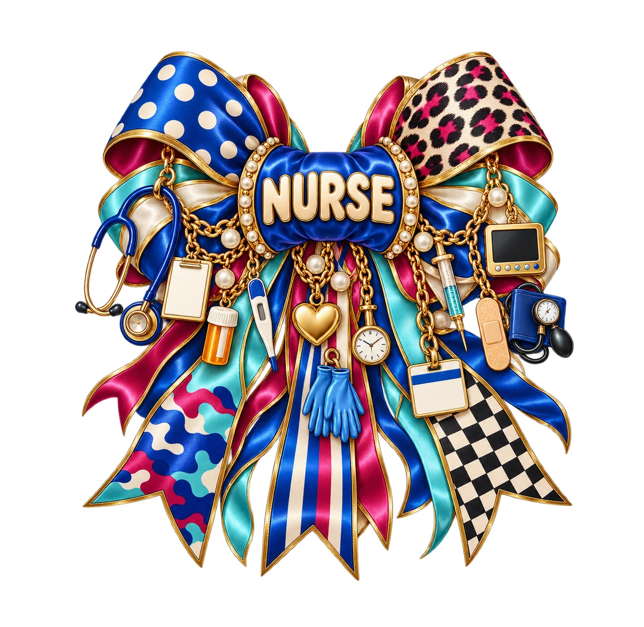 Registered Nurse Bow Charm PNG, Gold Chain Charms, Transparent Sublimation Design, Digital Download