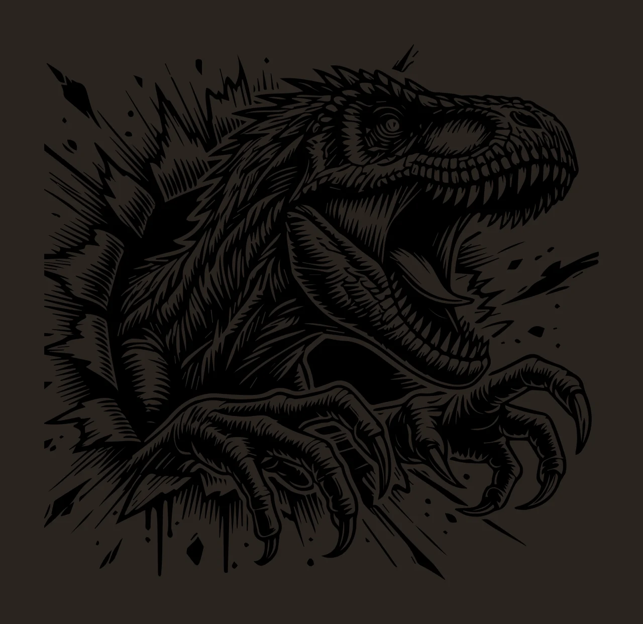 Dinosaur Head Tearing Through Paper teeth claws torn engraving contrast preview thumbnail