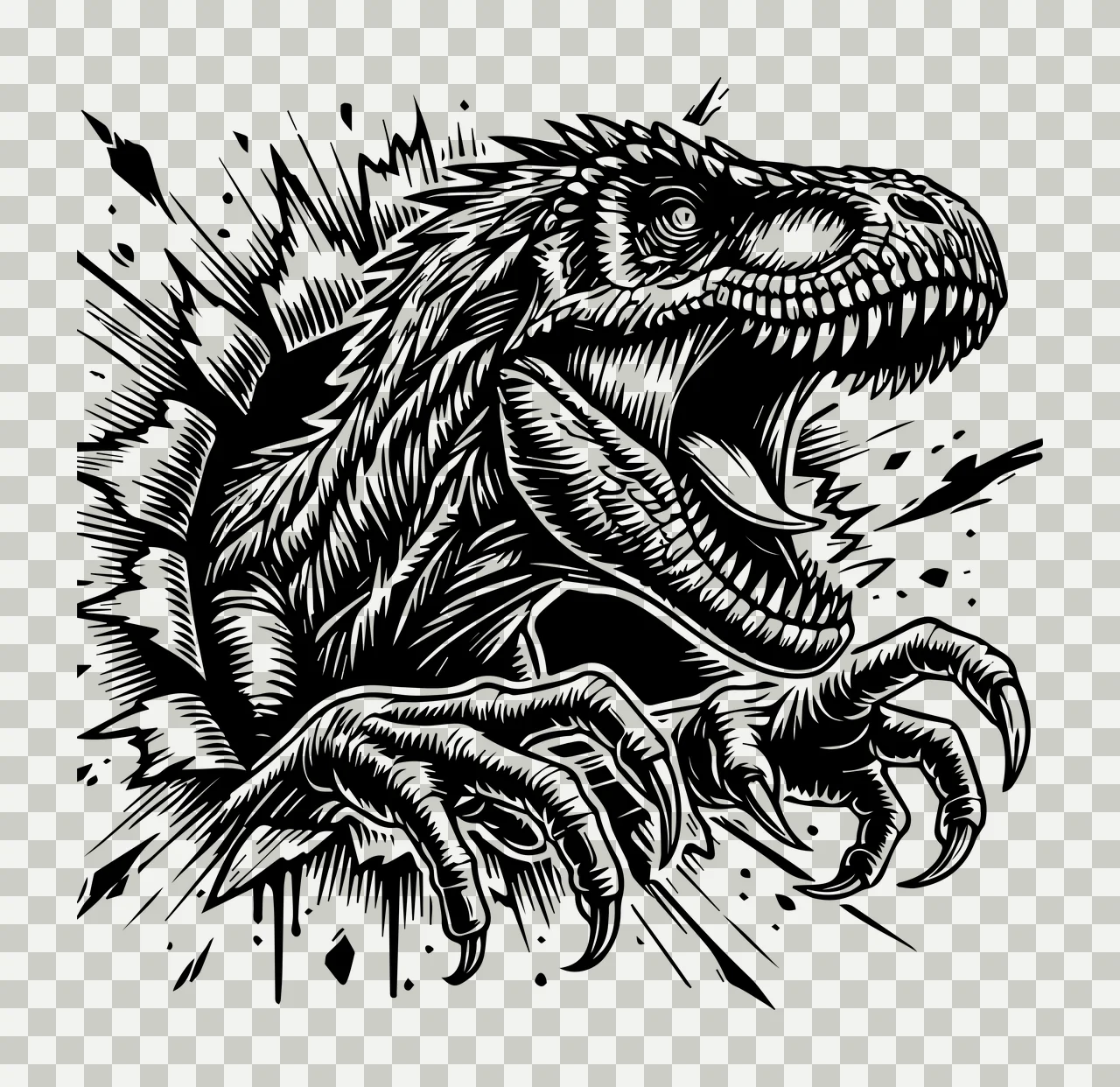 Dinosaur Head Tearing Through Paper teeth claws torn engraving transparency and detail preview thumbnail