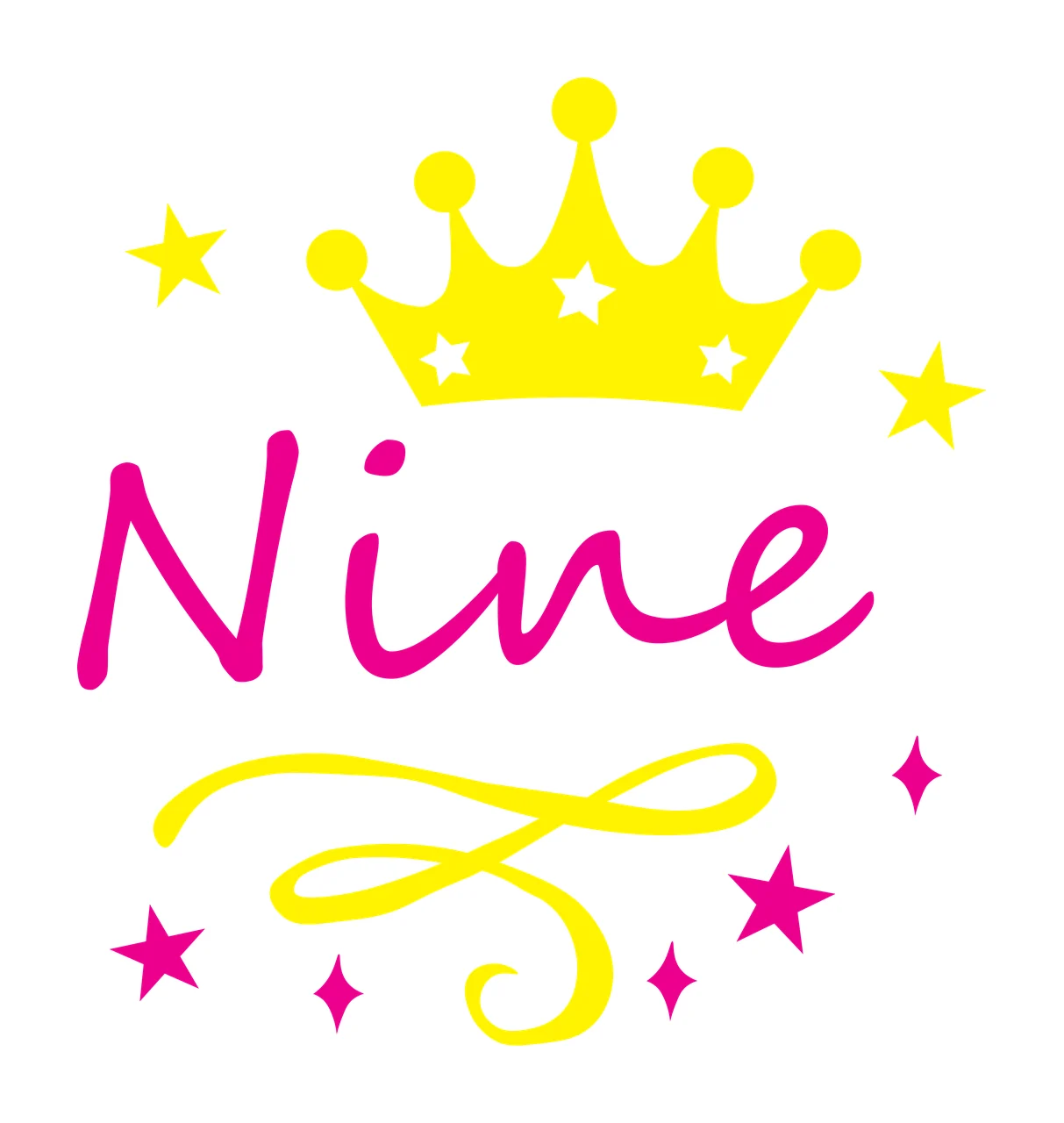 Nine Typography Design with yellow crown, white stars and pink stars
