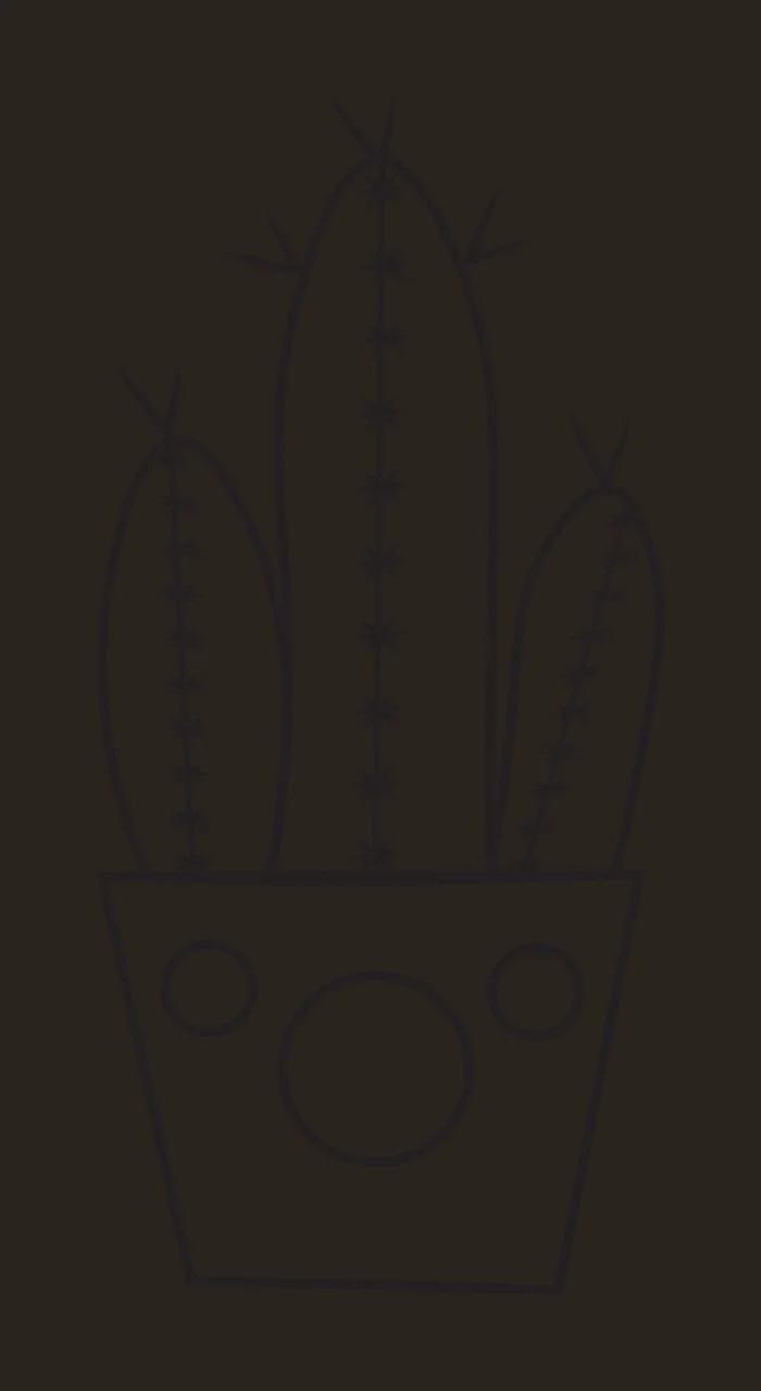 Line Art Illustration of Three-stemmed cactus in a smiling pot with three cactus stems with star-shaped spines, potted plant with facial features and two small circles and one large circle on pot contrast preview thumbnail