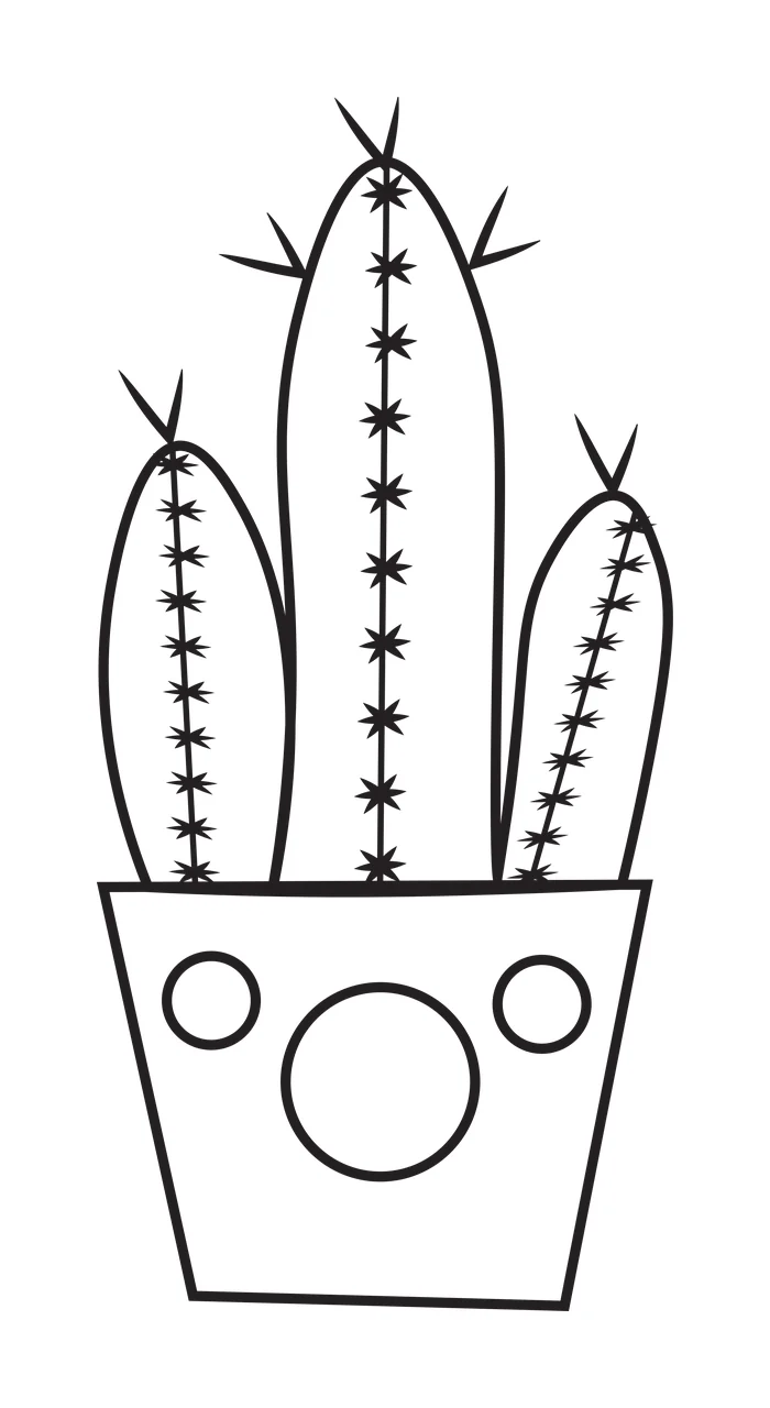 Line Art Illustration of Three-stemmed cactus in a smiling pot with three cactus stems with star-shaped spines, potted plant with facial features and two small circles and one large circle on pot