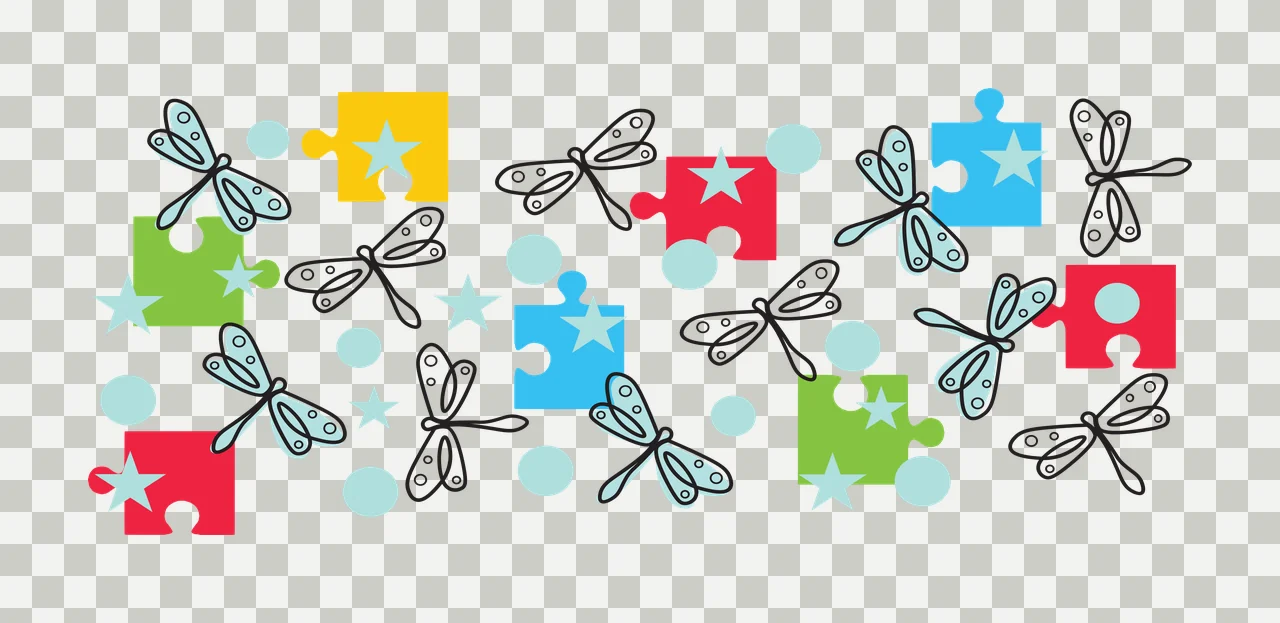 Pattern of colorful puzzle pieces, dragonflies, stars, and polka dots Illustration with yellow puzzle piece with white star, green puzzle piece with white star, red puzzle piece with white star transparency and detail preview thumbnail