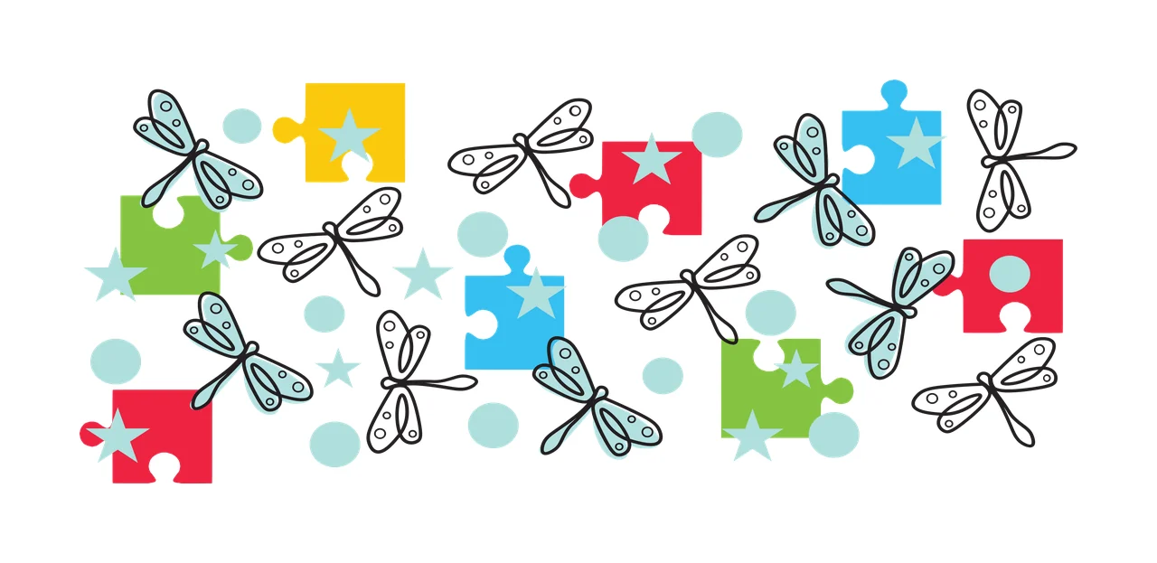 Pattern of colorful puzzle pieces, dragonflies, stars, and polka dots Illustration with yellow puzzle piece with white star, green puzzle piece with white star, red puzzle piece with white star