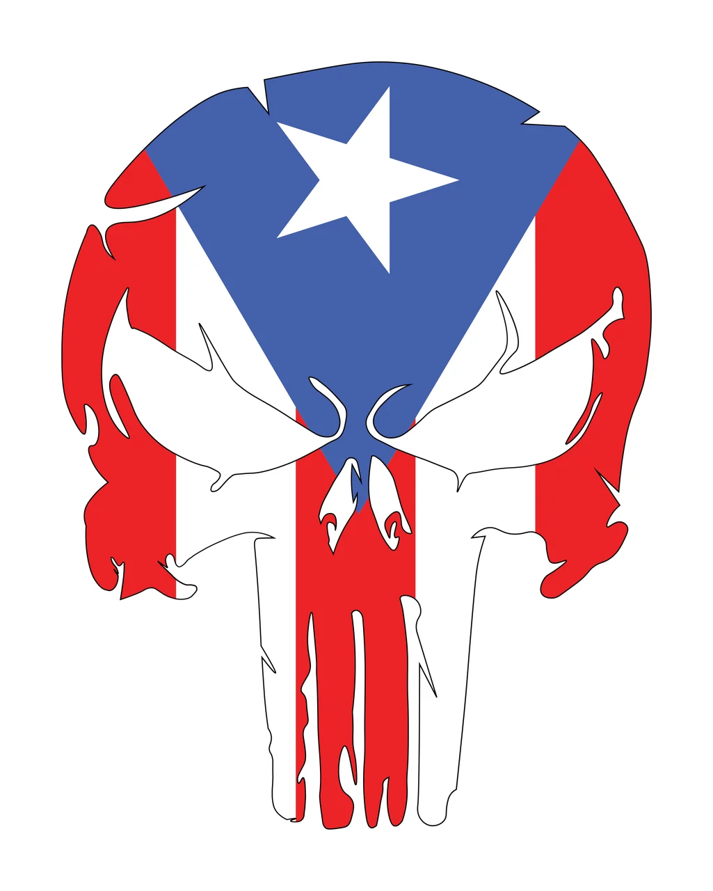 Skull Illustration with stylized skull, Puerto Rico flag pattern, blue chevron and white star in red