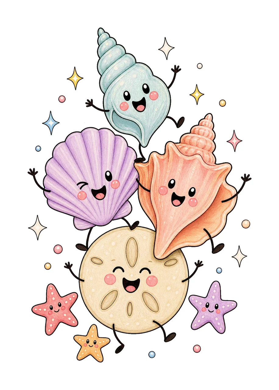 Happy Seashell Doodles Dancing Shell Characters Variation C