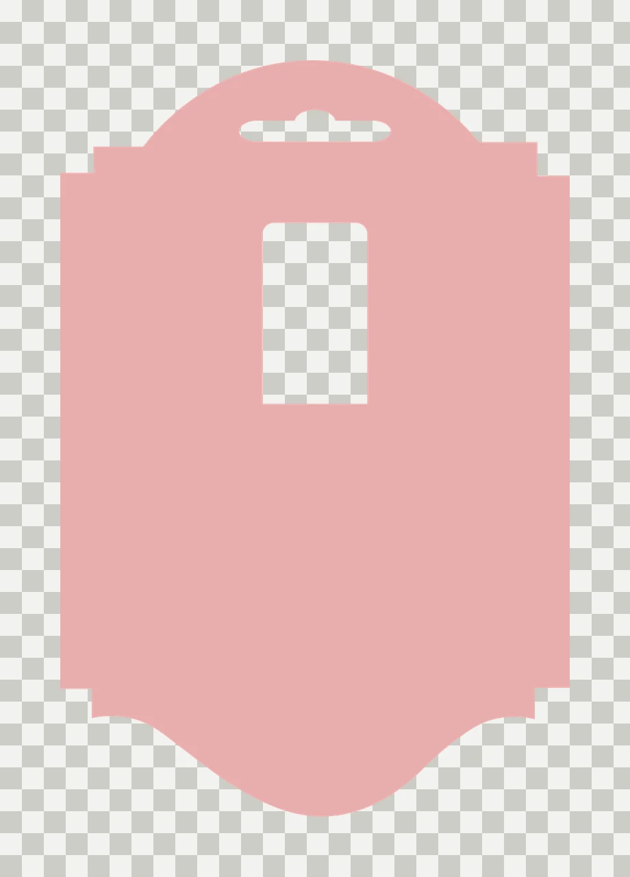 Hanging tag template with hanging slot, rectangular cutout, notched side edges and curved bottom border in blush pink and white transparency and detail preview thumbnail