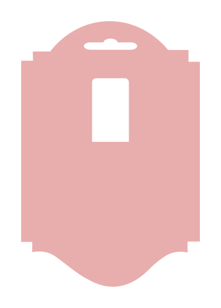 Hanging tag template with hanging slot, rectangular cutout, notched side edges and curved bottom border in blush pink and white