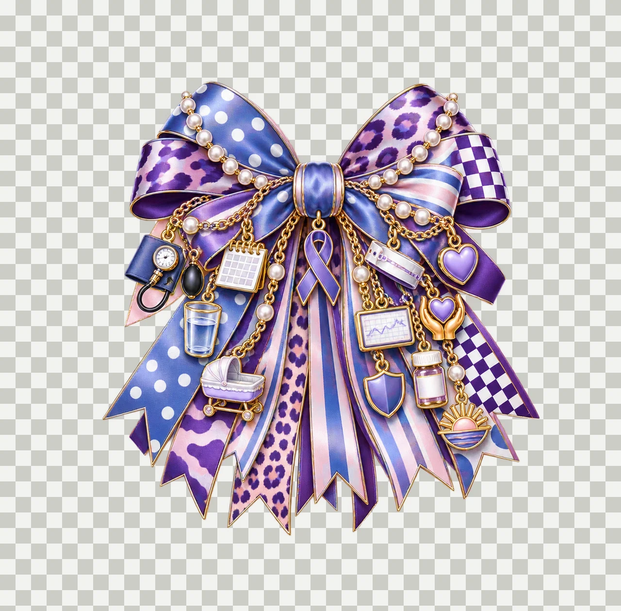 Preeclampsia Awareness Bow Charm PNG, Gold Chain Charms, Transparent Sublimation Design, Digital Download transparency and detail preview thumbnail