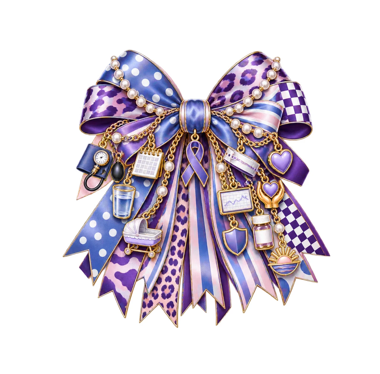 Preeclampsia Awareness Bow Charm PNG, Gold Chain Charms, Transparent Sublimation Design, Digital Download