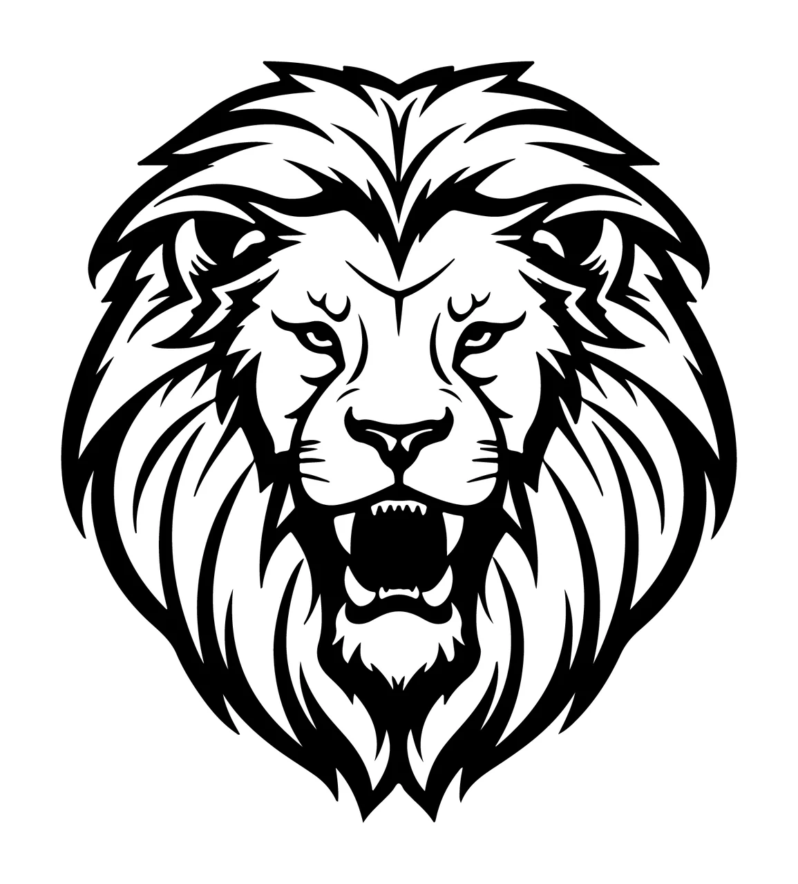 Lion Head Facing Forward Silhouette mane mouth open black white