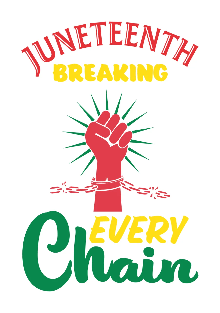 Breaking Chain Text Illustration fist raised chains sunburst