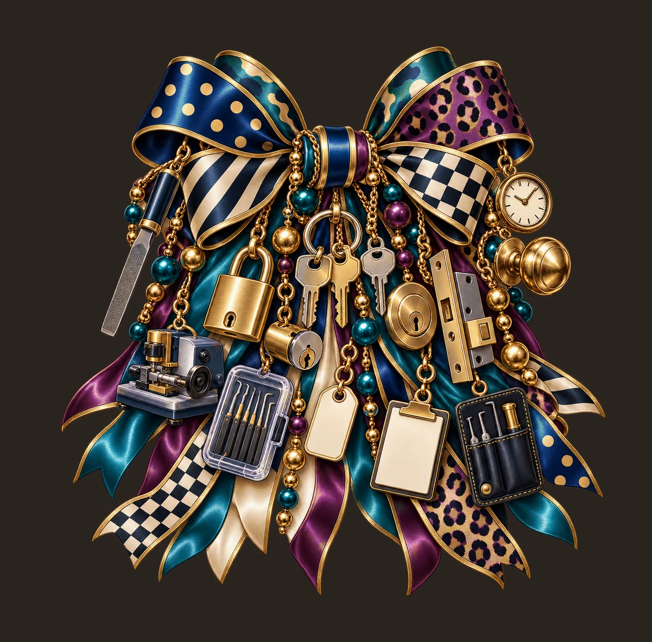 Locksmith Bow Charm PNG, Themed Gold Chain Charms, Coquette Ribbon Sublimation Design, Transparent Digital Download contrast preview thumbnail