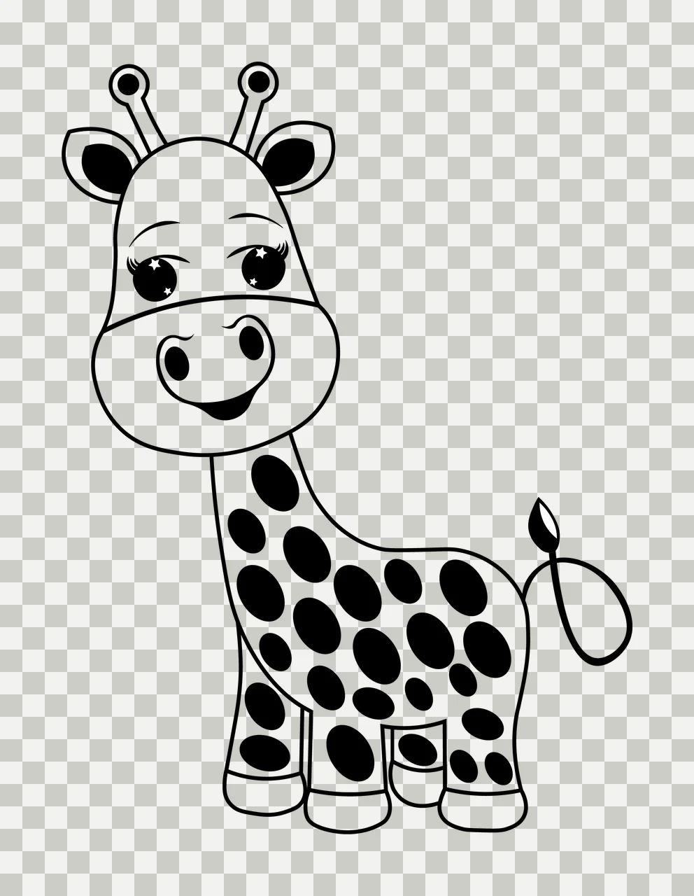 Animal Cute Giraffe Cartoon Line Drawing standing spots black transparency and detail preview thumbnail