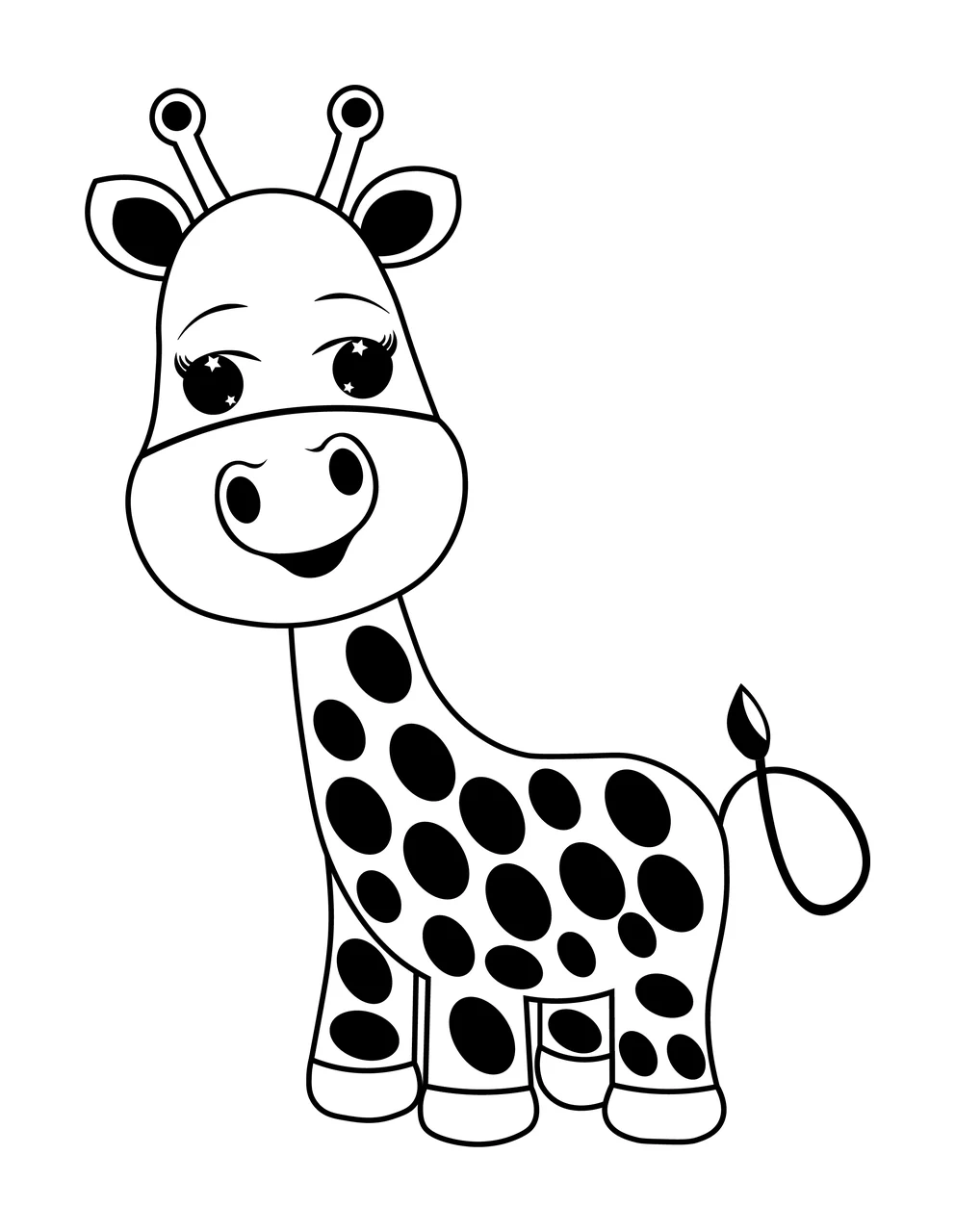 Animal Cute Giraffe Cartoon Line Drawing standing spots black