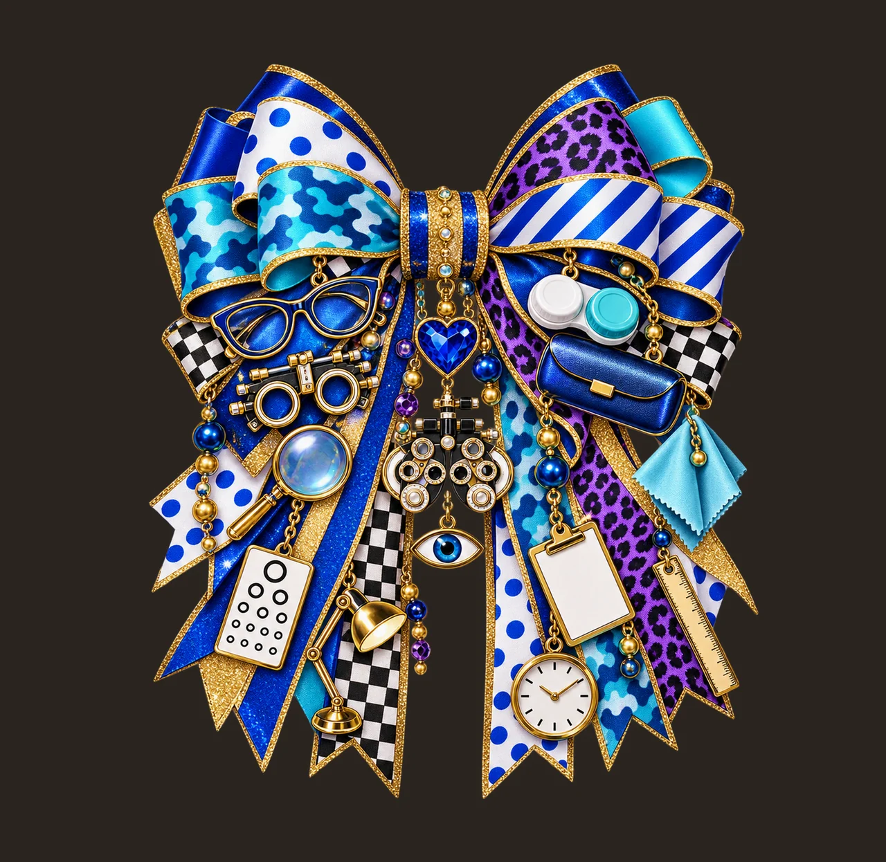 Optician Bow Charm PNG, Themed Gold Chain Charms, Coquette Ribbon Sublimation Design, Transparent Digital Download contrast preview thumbnail