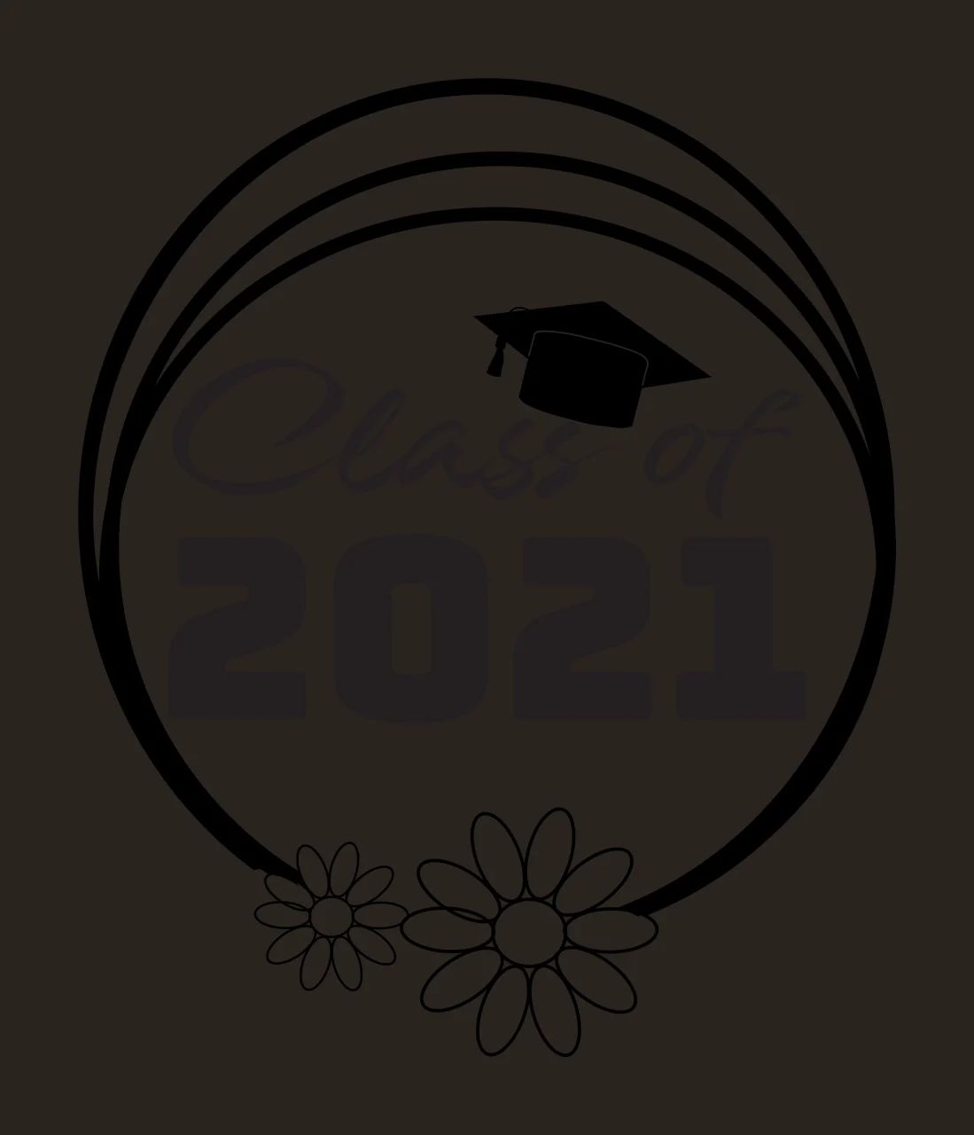 Class of 2021 Graduation commemorative emblem Design with graduation cap, two daisies and circular border with three concentric lines in black and white contrast preview thumbnail