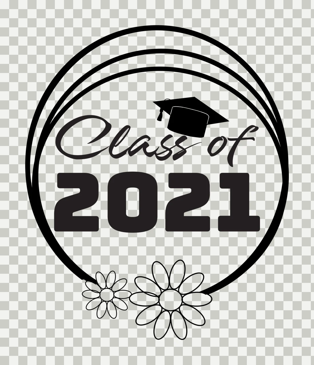 Class of 2021 Graduation commemorative emblem Design with graduation cap, two daisies and circular border with three concentric lines in black and white transparency and detail preview thumbnail