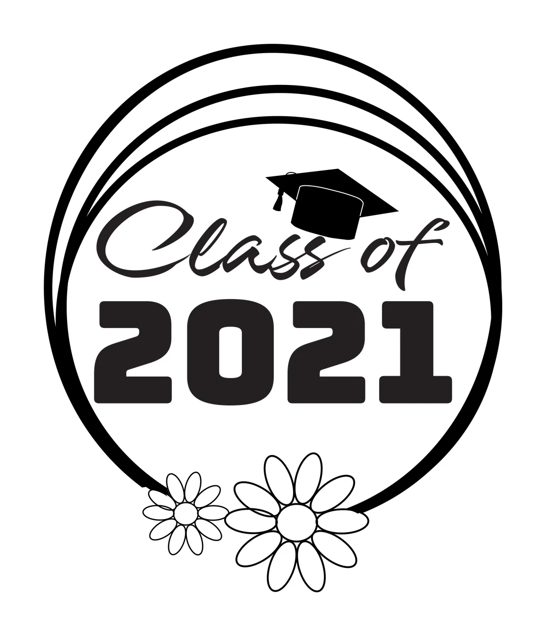Class of 2021 Graduation commemorative emblem Design with graduation cap, two daisies and circular border with three concentric lines in black and white