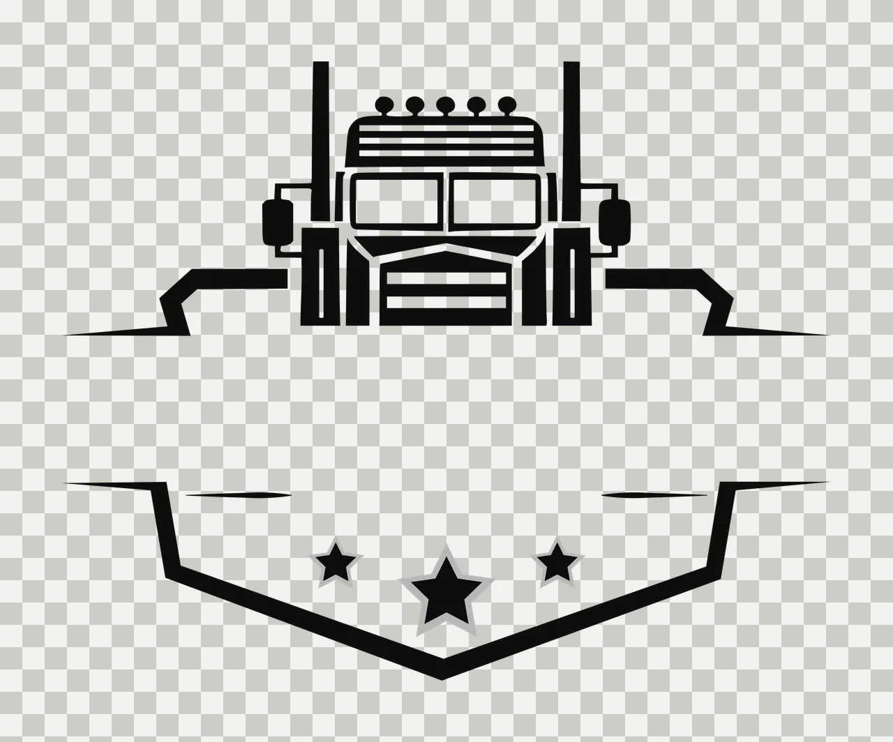 Semi truck Illustration with semi truck cab, front grille, exhaust stacks and split banner frame in black, white and grey transparency and detail preview thumbnail