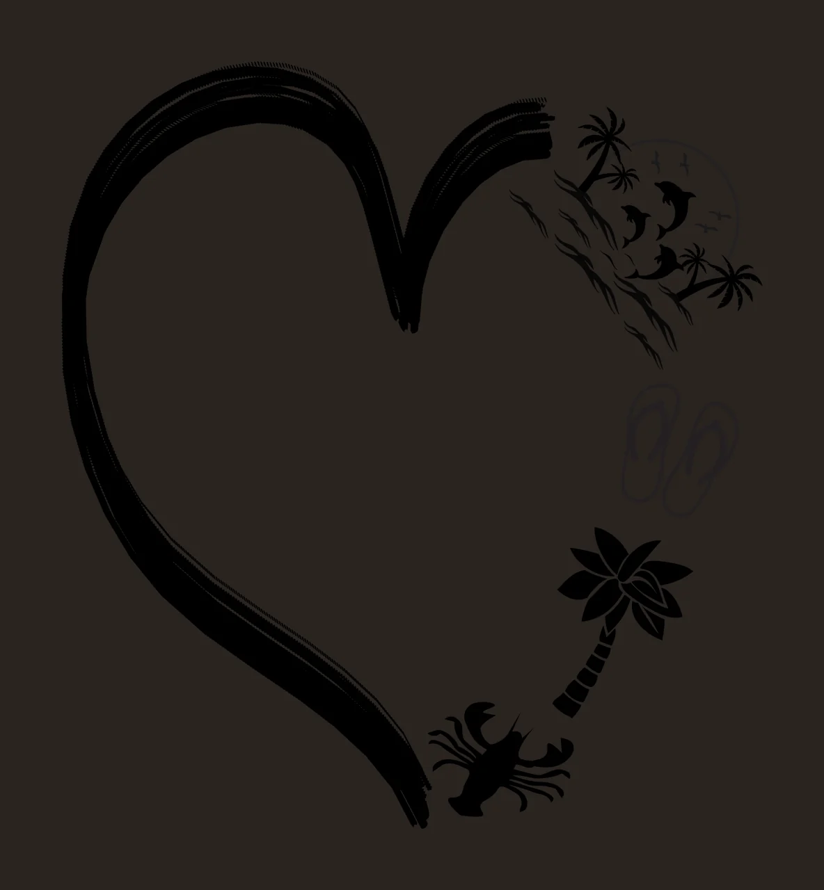 Silhouette Design of heart frame with tropical ocean elements with heart shape, brush stroke, palm trees and dolphins in black and white contrast preview thumbnail