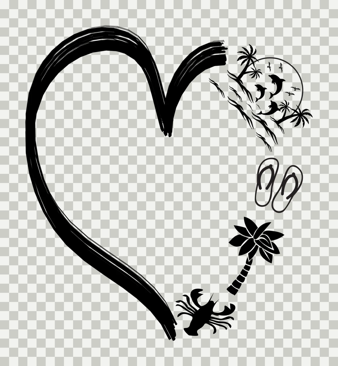 Silhouette Design of heart frame with tropical ocean elements with heart shape, brush stroke, palm trees and dolphins in black and white transparency and detail preview thumbnail