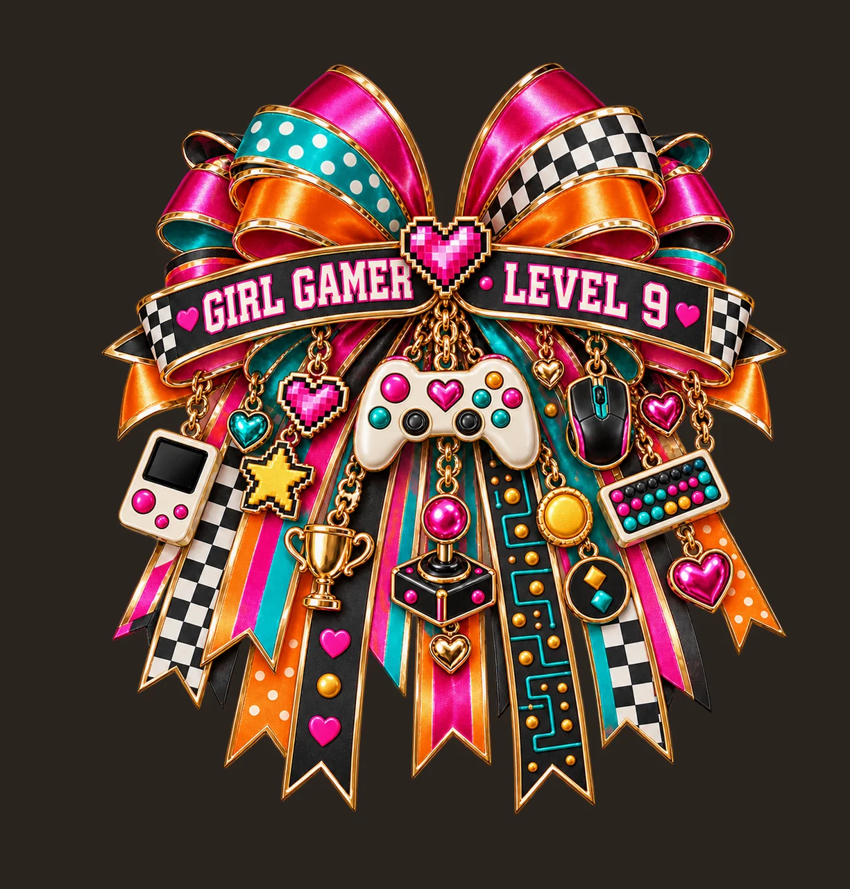 Girl Gamer Level 9 Bow Charm PNG, Patterned Coquette Bow Clipart, Transparent Sublimation Digital Download contrast preview thumbnail