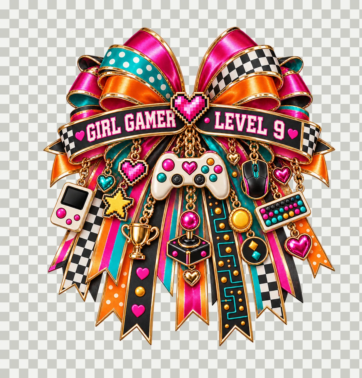 Girl Gamer Level 9 Bow Charm PNG, Patterned Coquette Bow Clipart, Transparent Sublimation Digital Download transparency and detail preview thumbnail