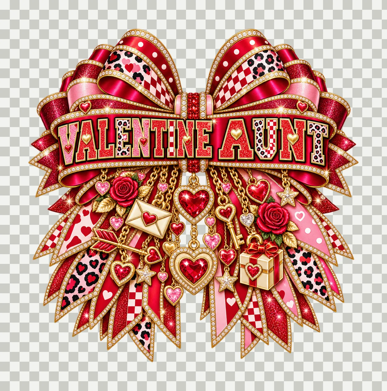Valentine Aunt Bow Charm PNG, Patterned Varsity Aunt Ribbon Clipart, Transparent Sublimation Digital Download transparency and detail preview thumbnail