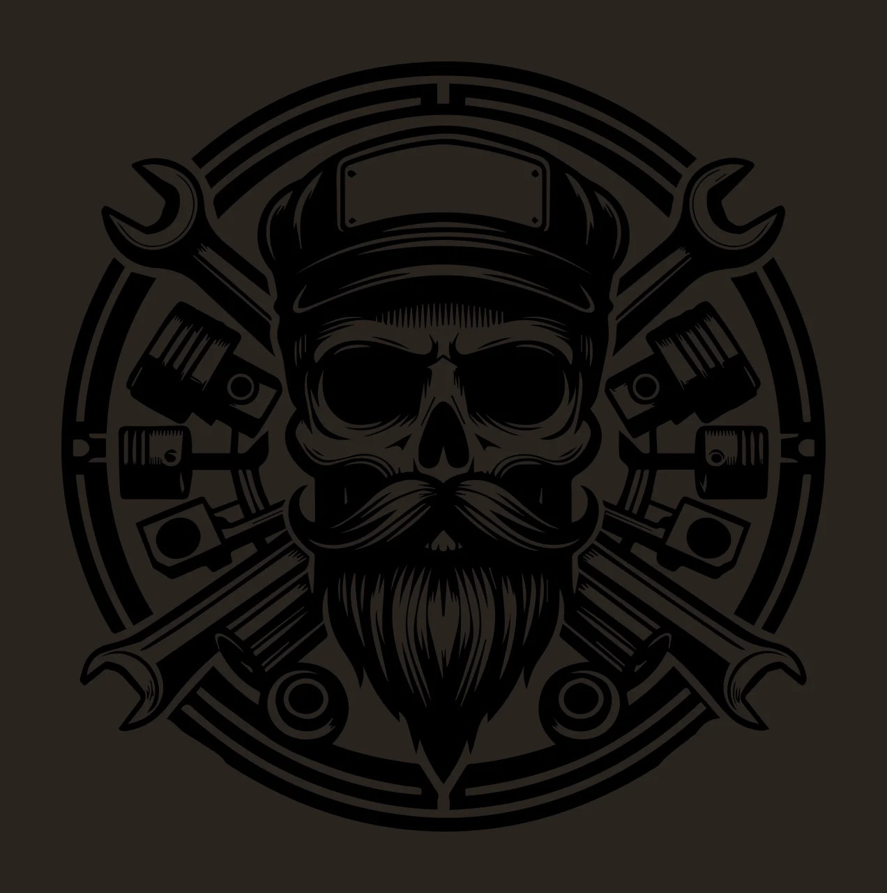 Mechanic Skull Head Emblem With Engine Parts beard wrench piston contrast preview thumbnail