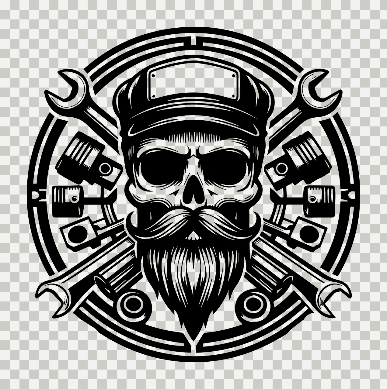 Mechanic Skull Head Emblem With Engine Parts beard wrench piston transparency and detail preview thumbnail