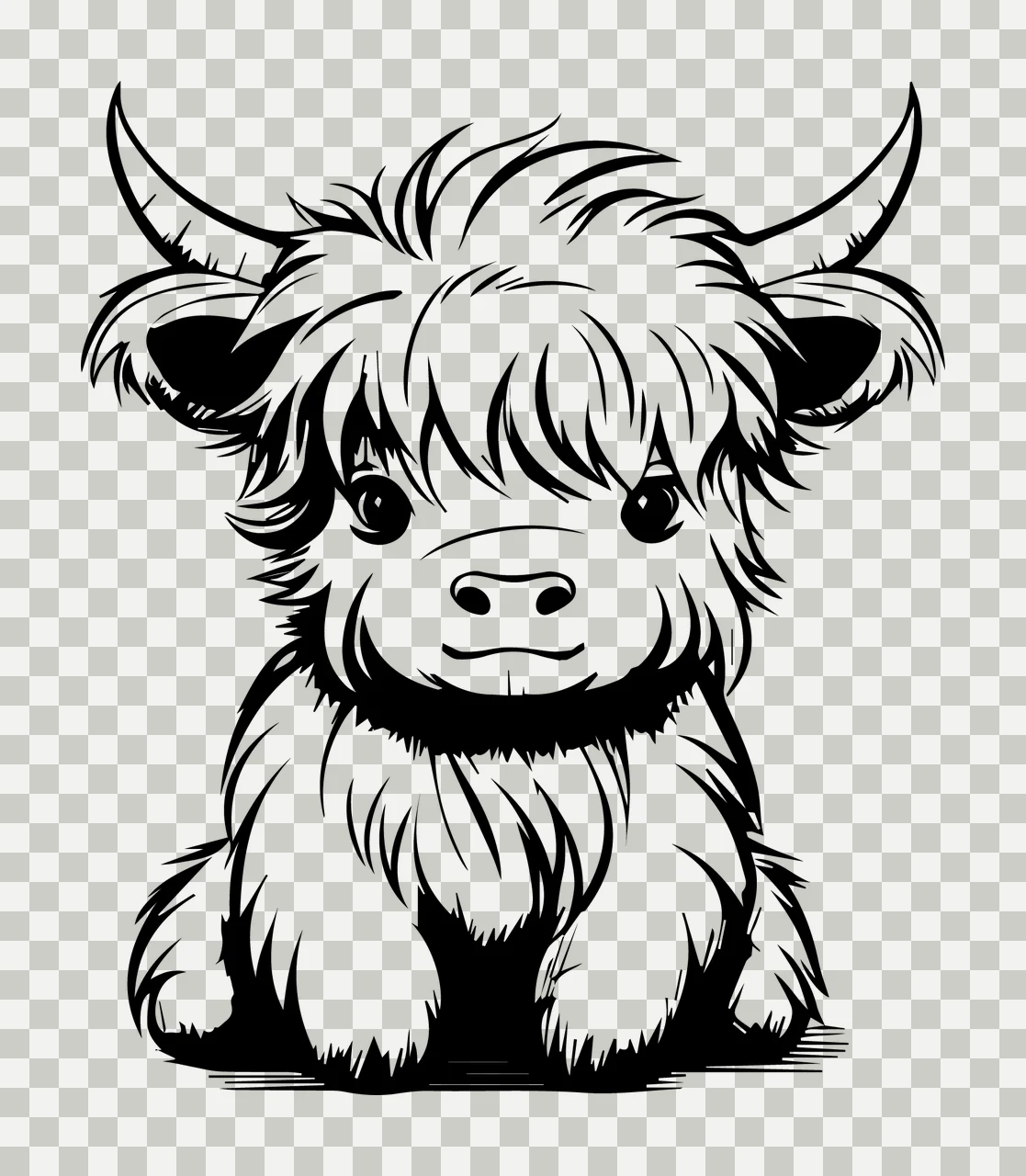 Highland Cow Small Calf Standing Front horns fur black and white transparency and detail preview thumbnail