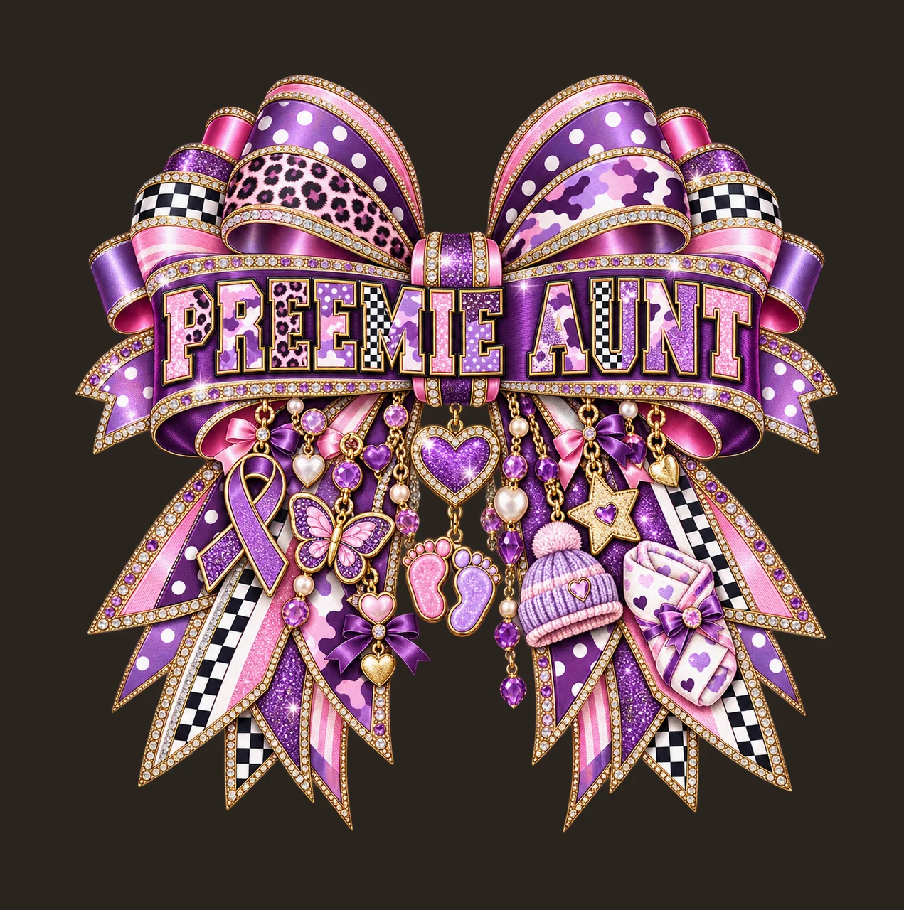 Preemie Aunt Bow Charm PNG, Patterned Varsity Aunt Ribbon Clipart, Transparent Sublimation Digital Download contrast preview thumbnail