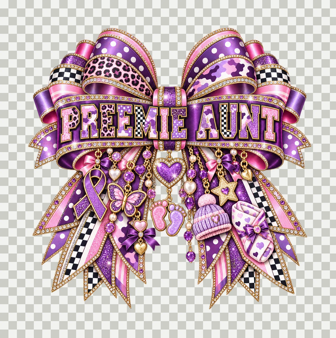 Preemie Aunt Bow Charm PNG, Patterned Varsity Aunt Ribbon Clipart, Transparent Sublimation Digital Download transparency and detail preview thumbnail