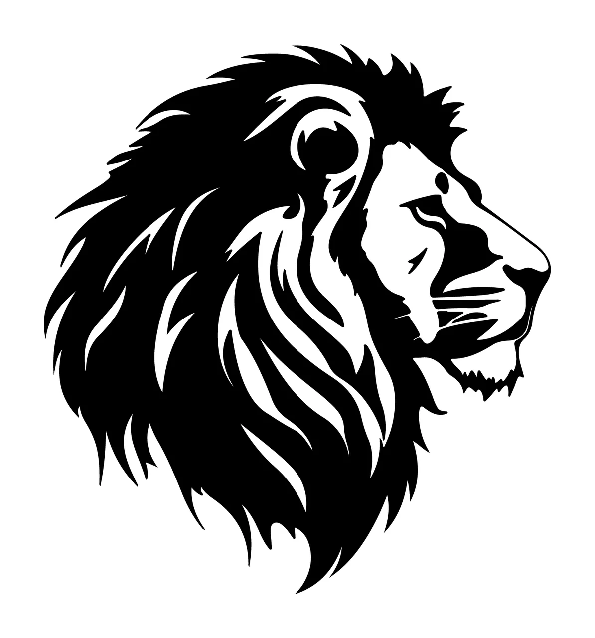 Lion Head Silhouette In Profile looking mane black white plain