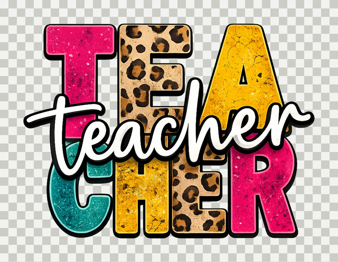 Teacher leopard pattern bright retro letters Sublimation transparency and detail preview thumbnail