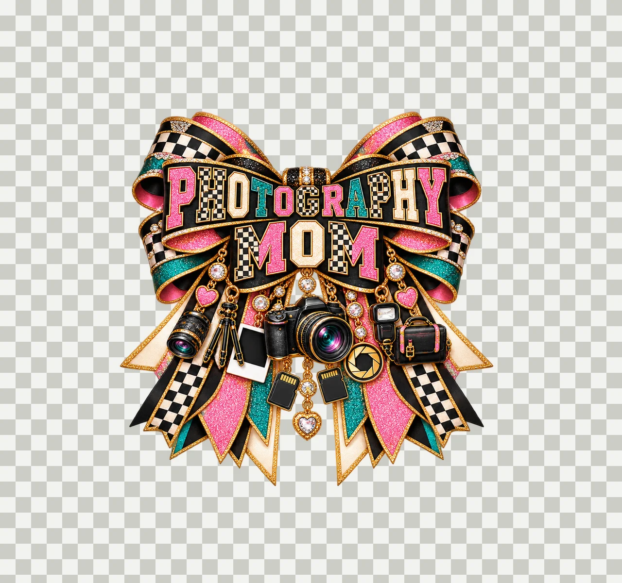 Photography Mom Bow Charm PNG, Patterned Varsity Mom Ribbon Clipart, Transparent Sublimation Digital Download transparency and detail preview thumbnail