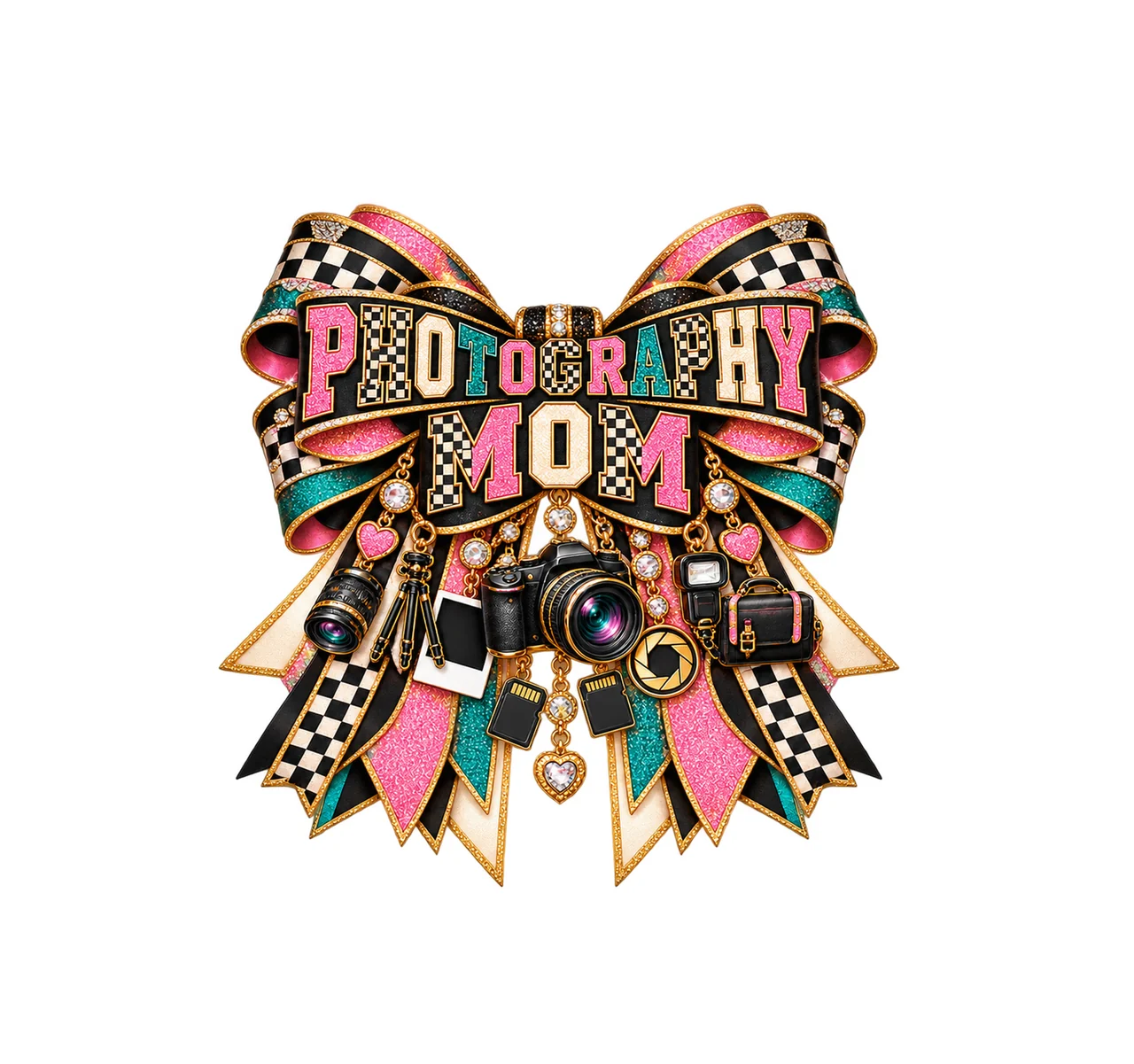 Photography Mom Bow Charm PNG, Patterned Varsity Mom Ribbon Clipart, Transparent Sublimation Digital Download