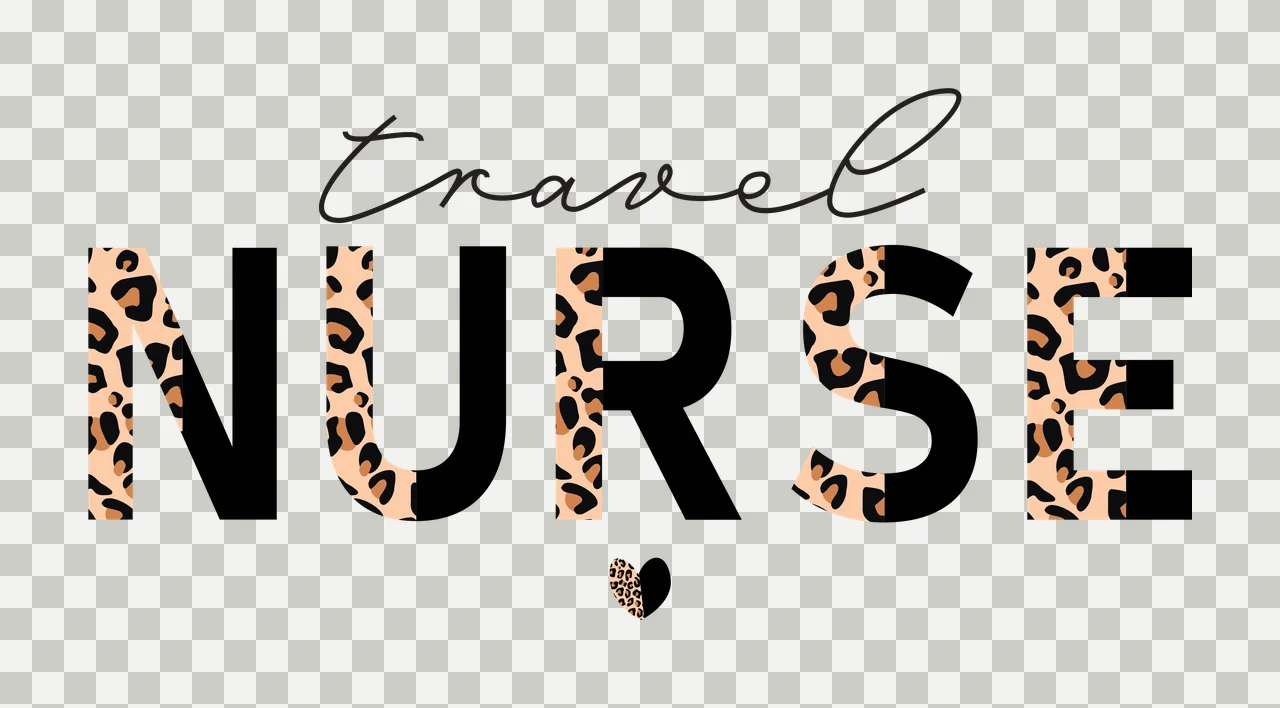 Travel NURSE Typography Design with leopard print letters, cursive 'travel', bold 'NURSE' and small leopard heart in black, tan and brown transparency and detail preview thumbnail