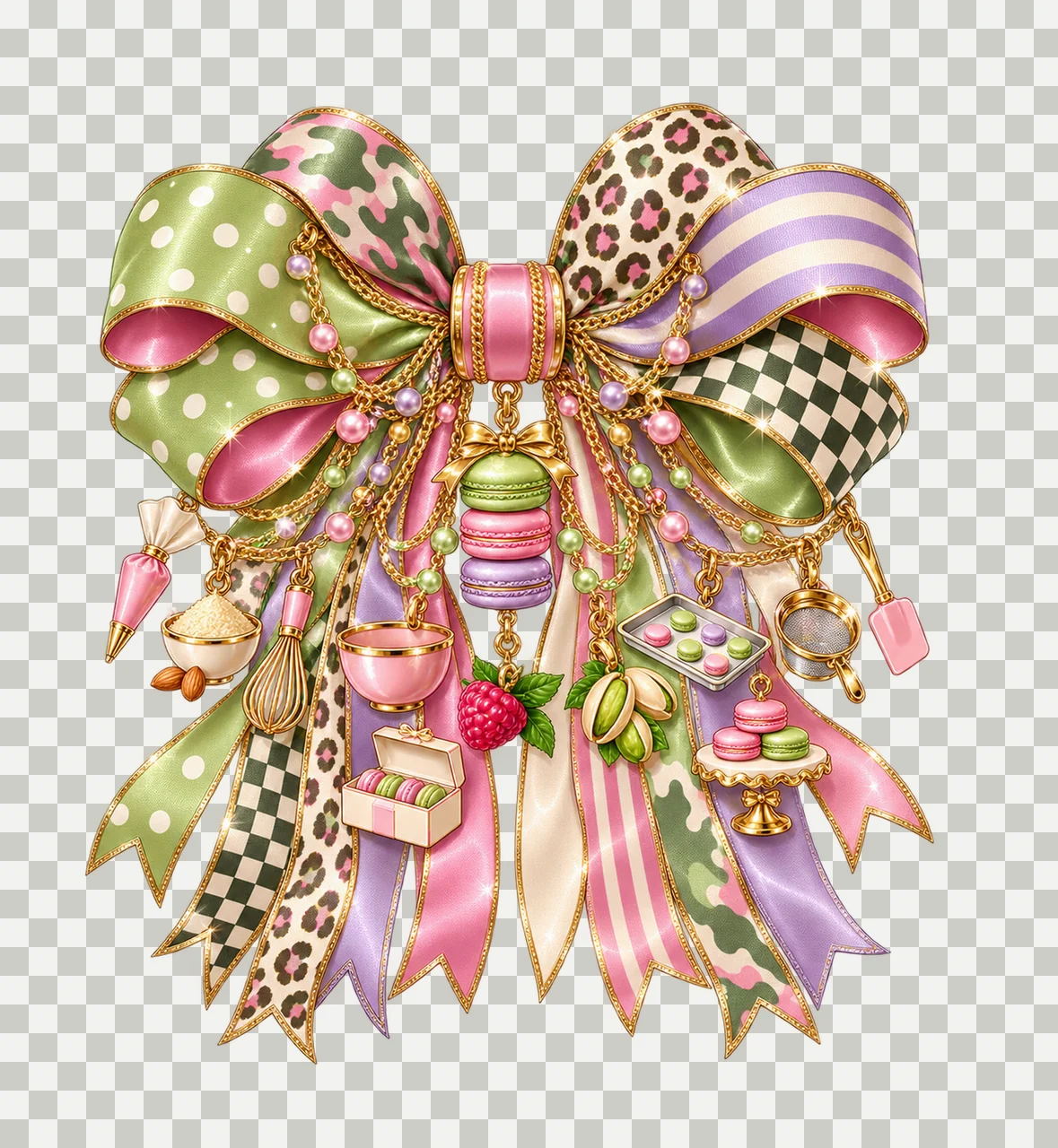 Macaron Lover Bow Charm PNG, Themed Gold Chain Charms, Coquette Ribbon Sublimation Design, Transparent Digital Download transparency and detail preview thumbnail