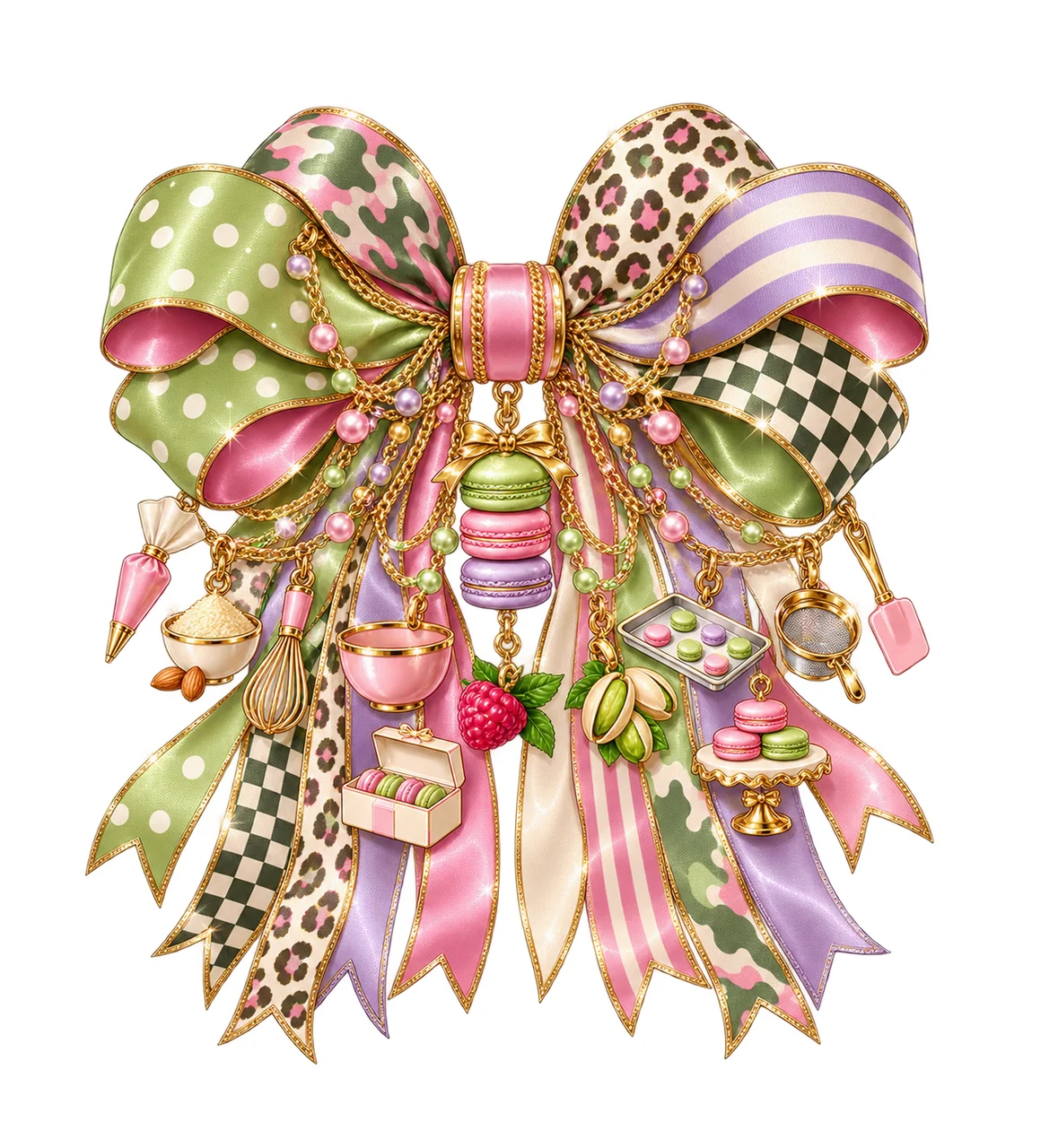 Macaron Lover Bow Charm PNG, Themed Gold Chain Charms, Coquette Ribbon Sublimation Design, Transparent Digital Download